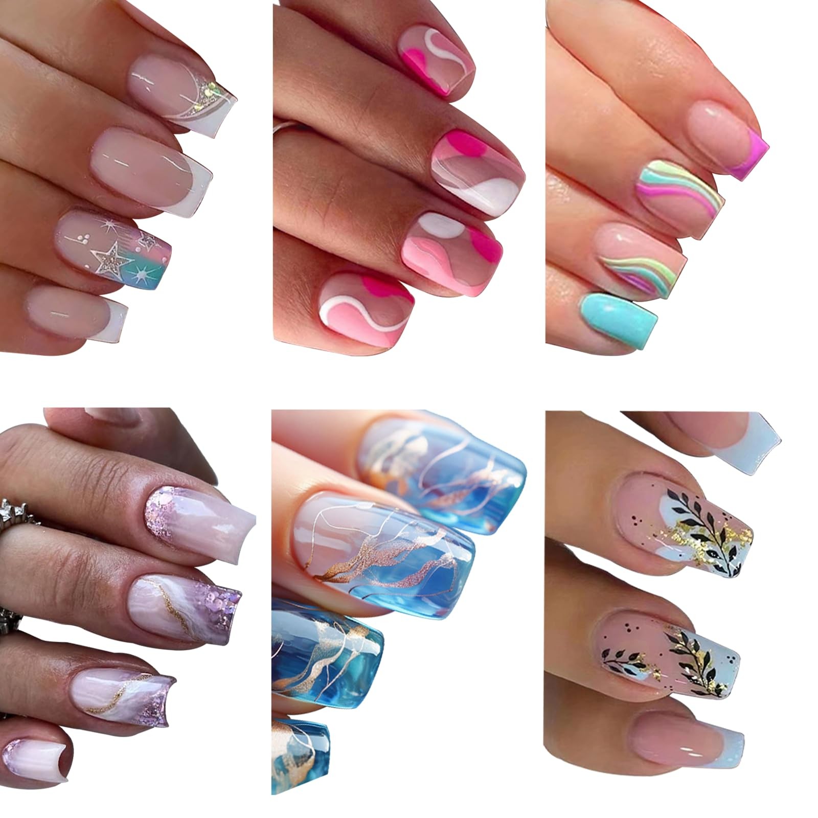 6 Packs (144 Pcs) Press on Nails Medium Square Fake Medium, Style-16
