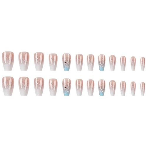24Pcs Medium Press on Nails Blue White Gradient Press on Nails Medium Square W5