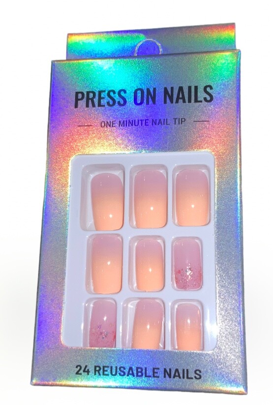 Press On Nails Short Length Full Cover Designer Nail Tips Peach Pink Glitter Tip