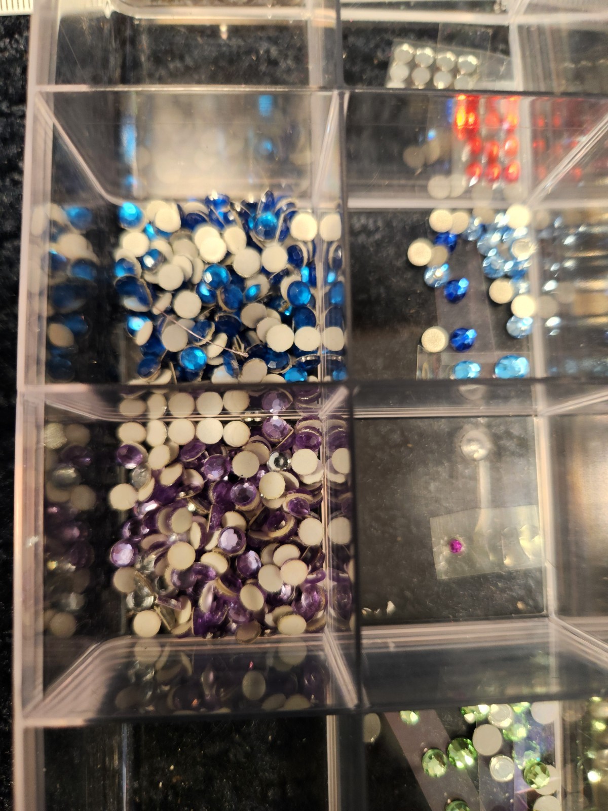 Assortment RHINESTONES various colors in box Blue Green Purple Silver Red crafts