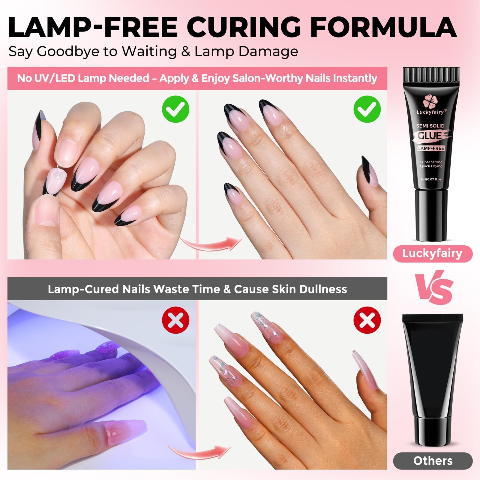 Luckyfairy 5pcs Super Strong Nail Glue for Press On Nails, Fast-Drying No Lamp N