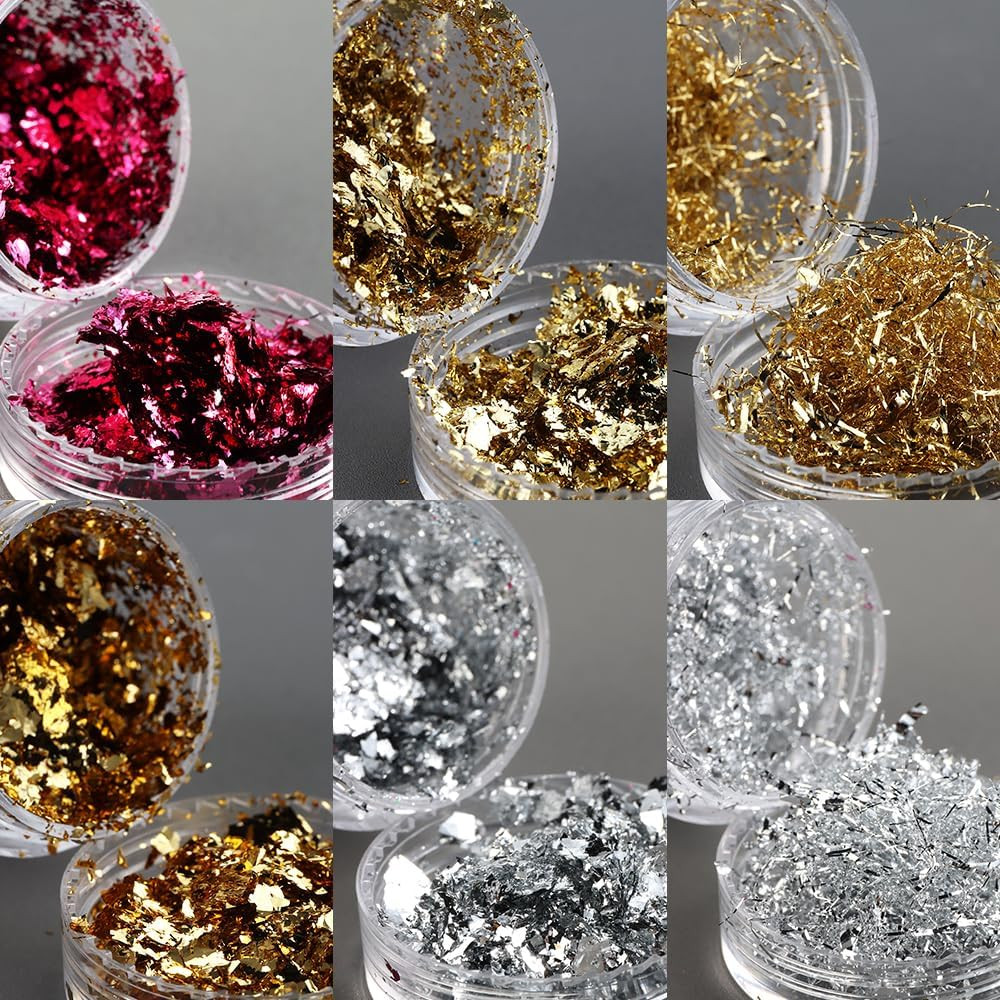 Gold Foil Flakes for Nail Art, 6 Bottles Irregular Silver Hot Pink Gold Leaf for