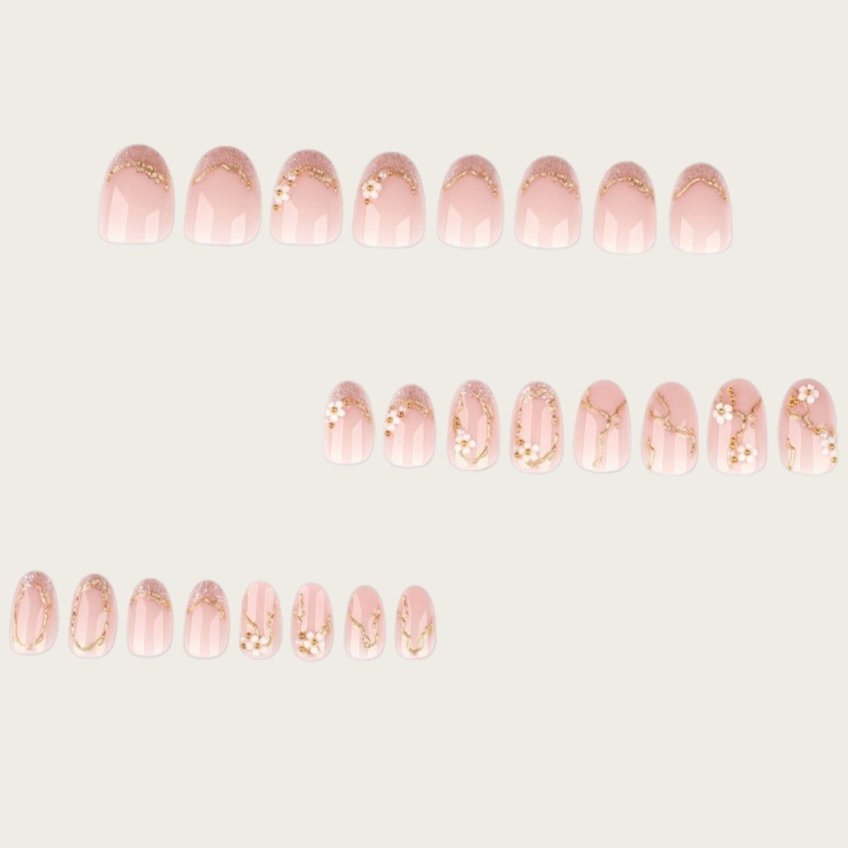 48 Pcs Pink Flower Press on Nails, Medium Oval Gold Flake Rhinestone Fake Nails