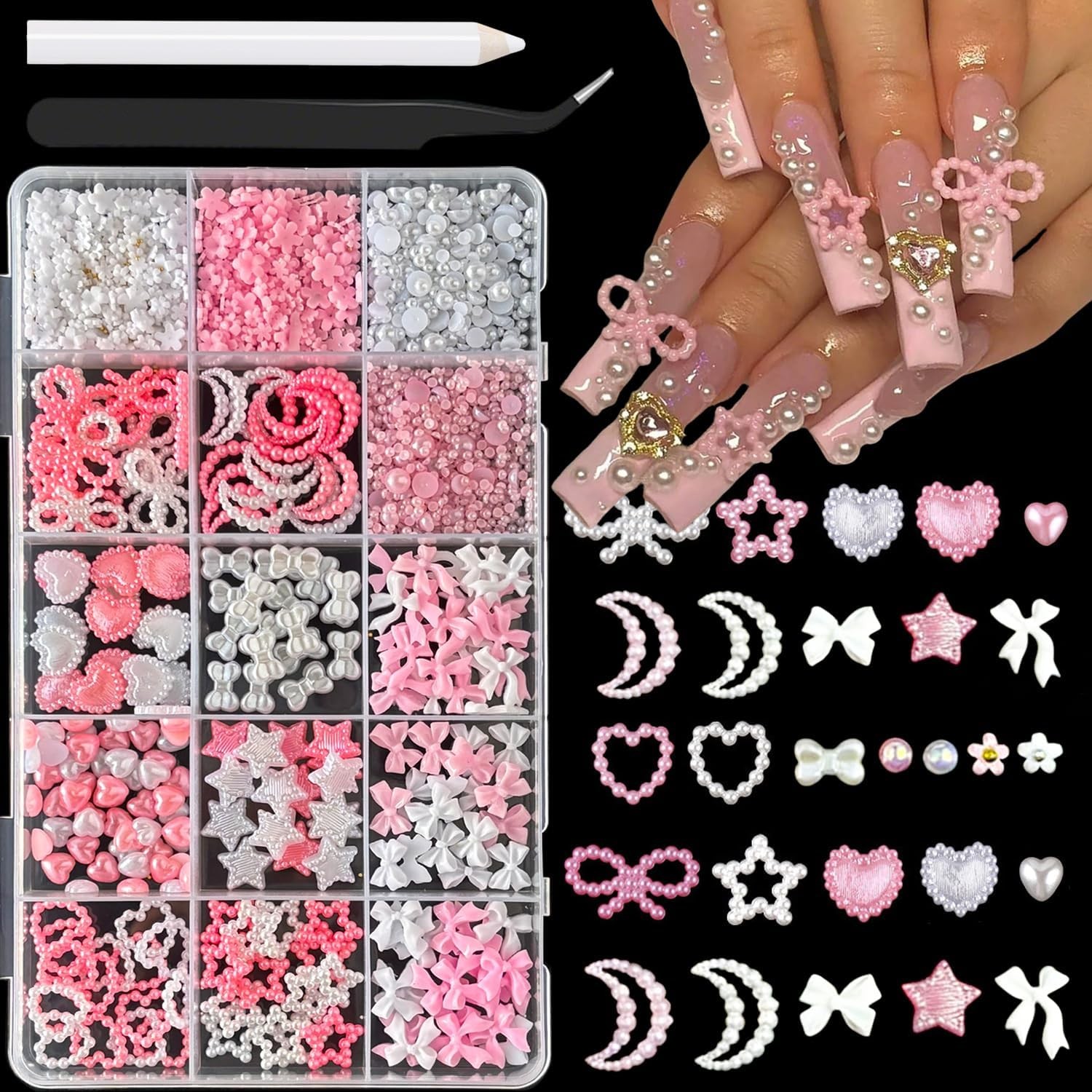 15Grid 3D Nail Rhinestones: Heart Gems, Crystal Glass Jewels for Art
