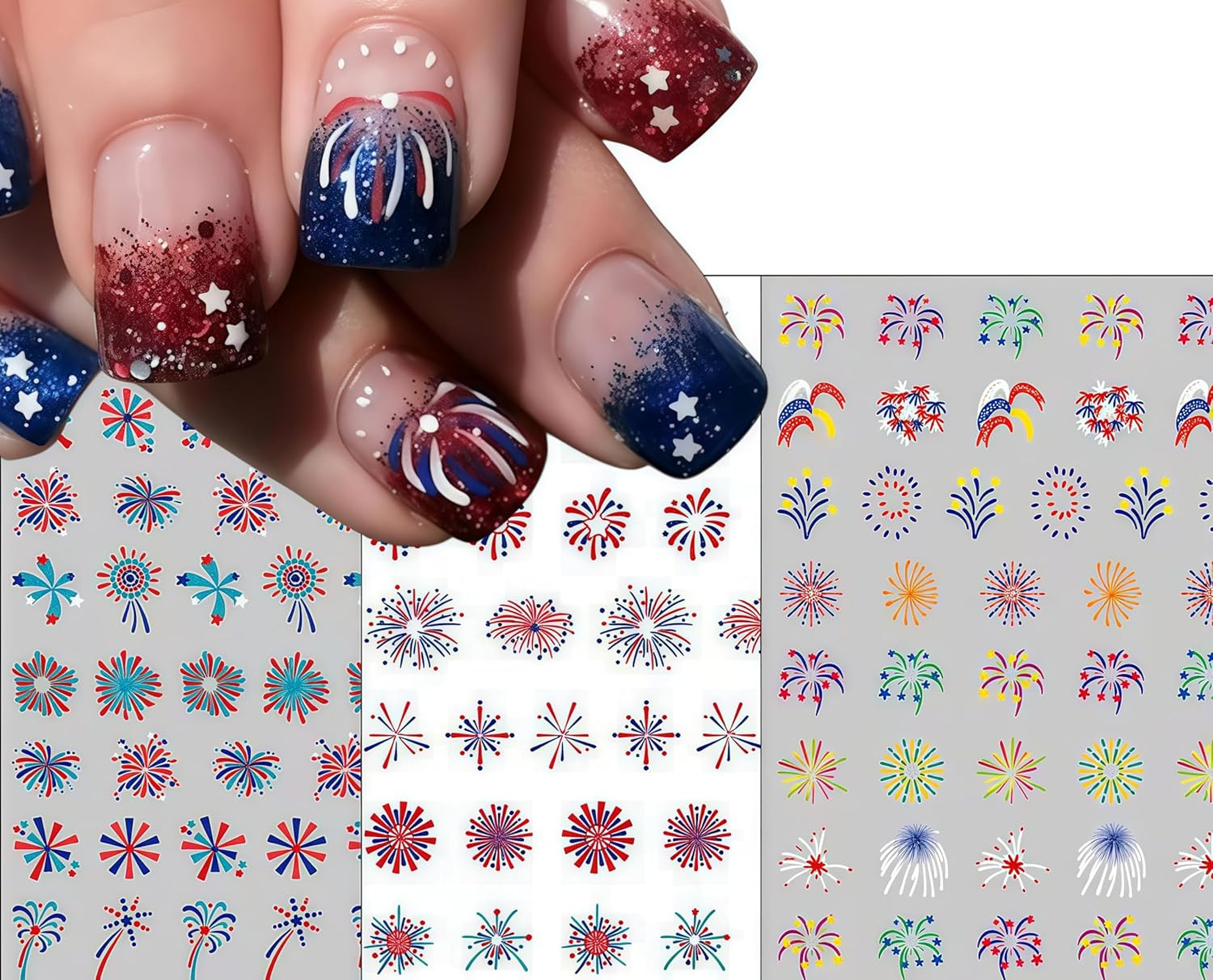 3 Sheets 4Th of July Fireworks Nail Art Stickers 5D Embossed Self Adhesive Patri