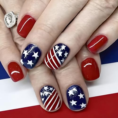 4th of July Press on Nails Short Square – Red White Blue Patriotic Fake Style14