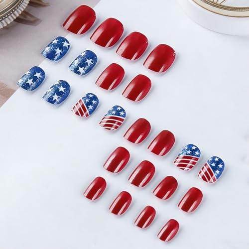 4th of July Press on Nails Short Square – Red White Blue Patriotic Fake Style14