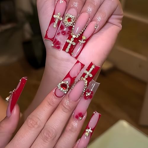 Press on Nails Long Square Fake Nails Red French Tip Acrylic Nails FNP01red