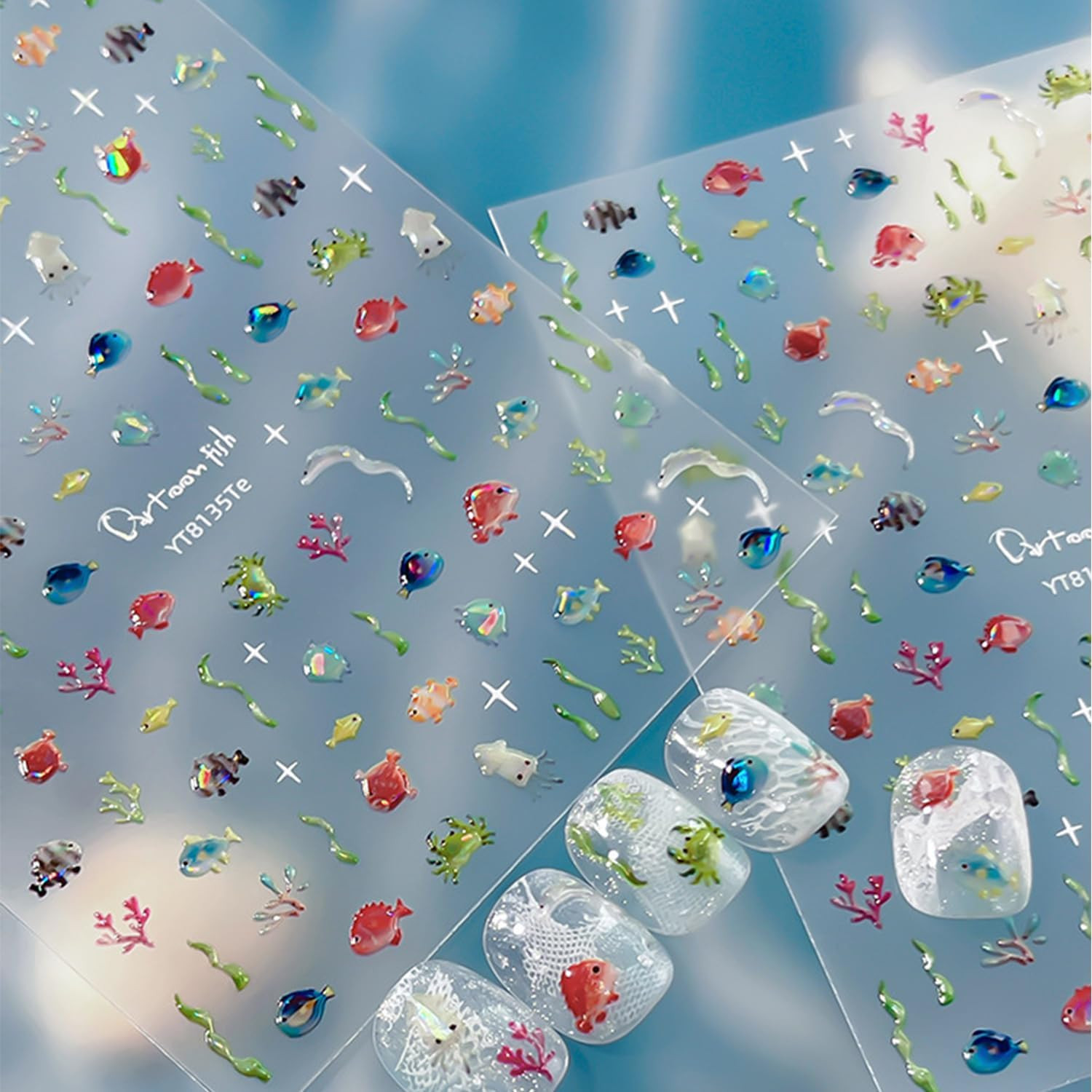 Aquarium Nail Stickers 1 PC 5D Ocean Fish Nail Decal Seaweed Coral Embossed Nail