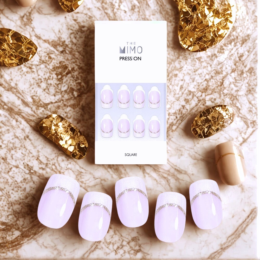 THE MIMO Press-On Nails Square – Pastel Pink with Gold Glitter Line, 24pcs Reusa