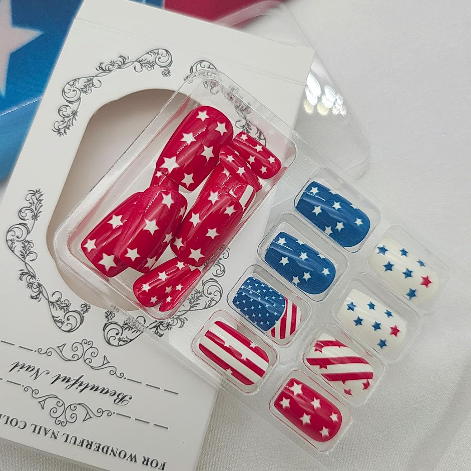 4Th of July Press on Nails Medium Square Fake Nails with Stars American Flag Des