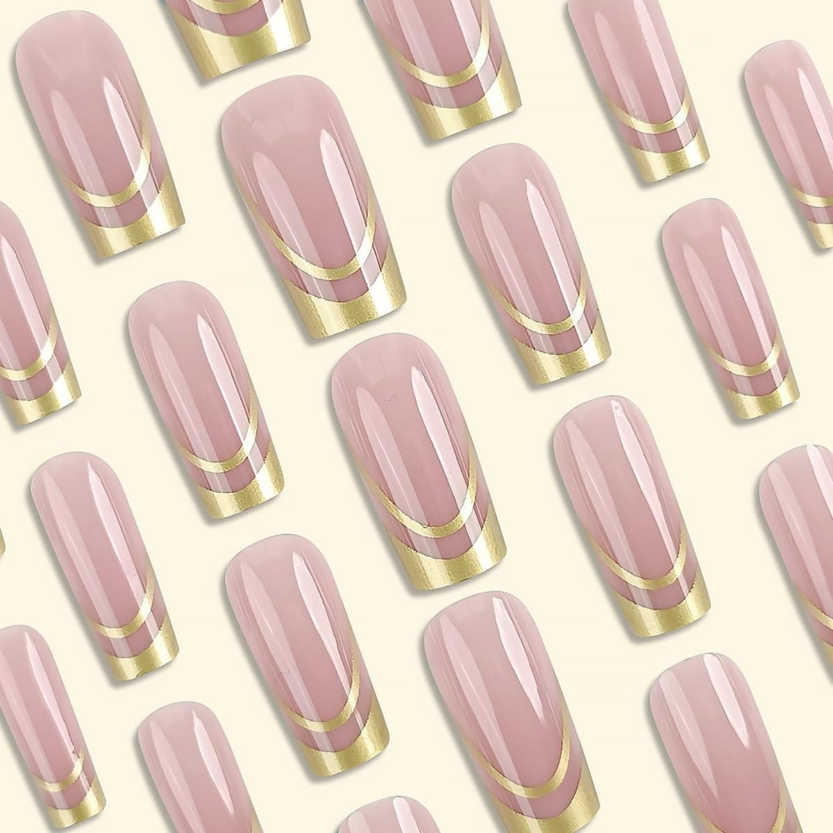 Exquisite 24pc Medium Square Press on Nails – Gilded French Tips and Accessories