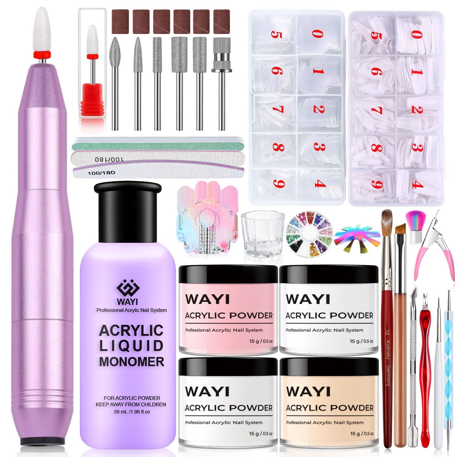 Acrylic Nail Kit with Drill – 58ml Monomer, 4 Color Powders, 1000 French Tips, N