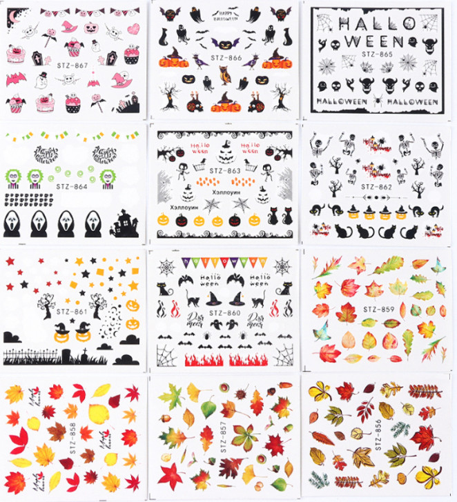 Nail Art Stickers Water Decal Transfer Halloween Cat Cobweb Pumpkin Skull NH15