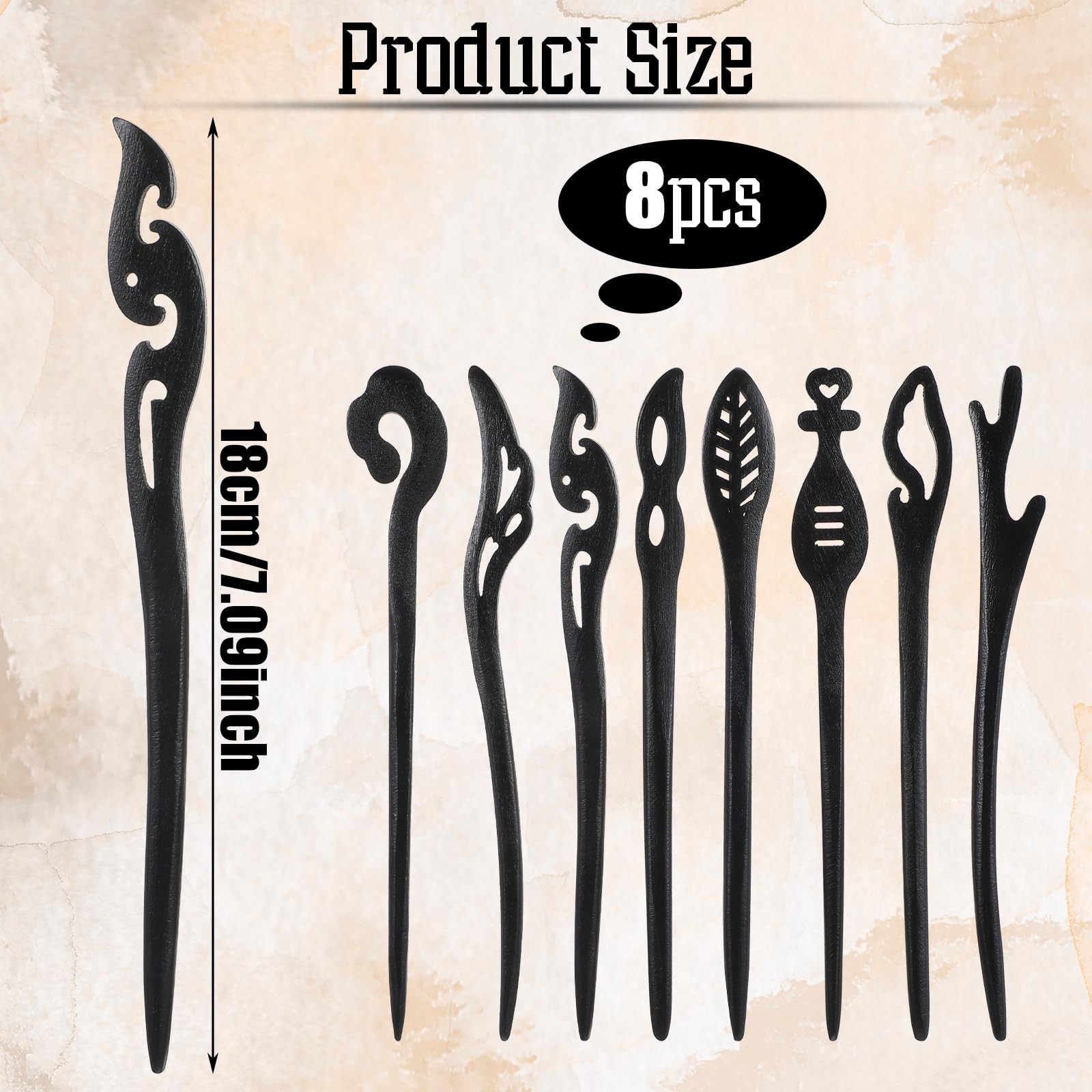 8Pcs Wooden Hair Sticks for Women, Vintage 50 Count (Pack of 1), Black