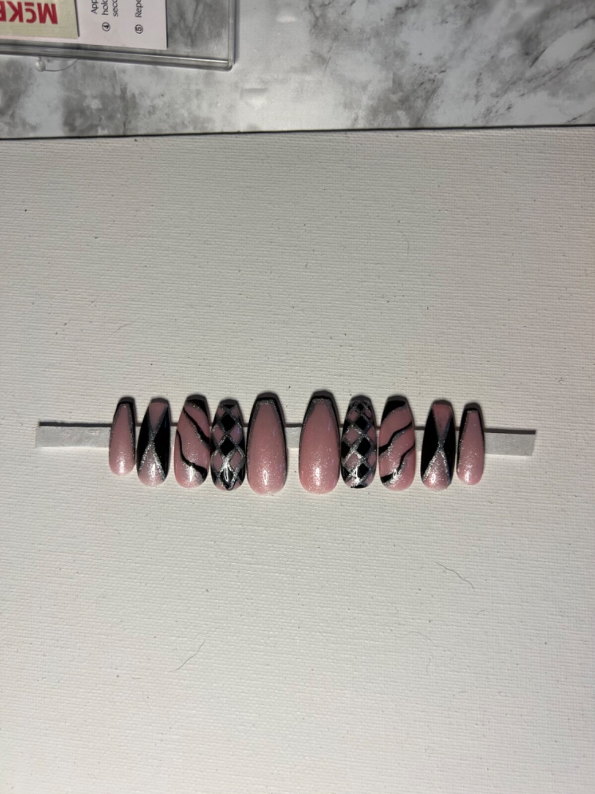 Pink Black Silver Size Small Handmade Gel Press on Nails