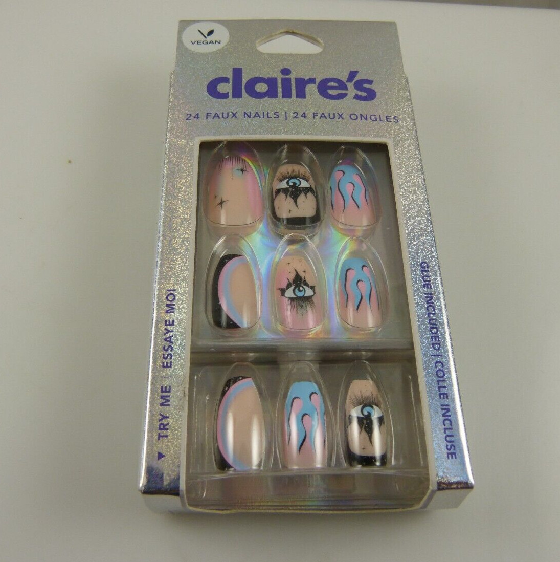 Claire’s faux false nails halloween goth evil eye flames pink blue black
