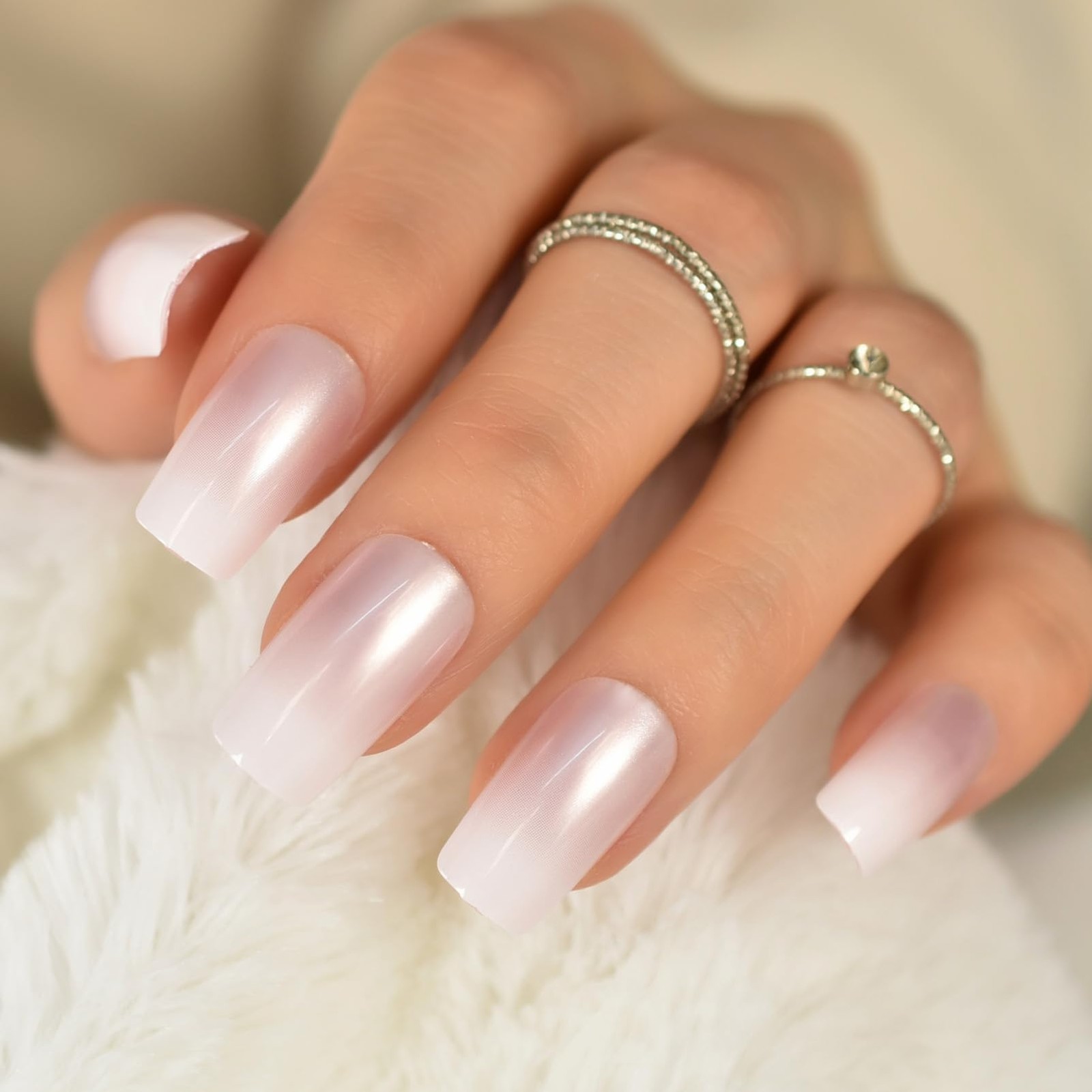 Elegant Pearl Pink French Press On Nails Medium – Ombre Acrylic False Glue On…