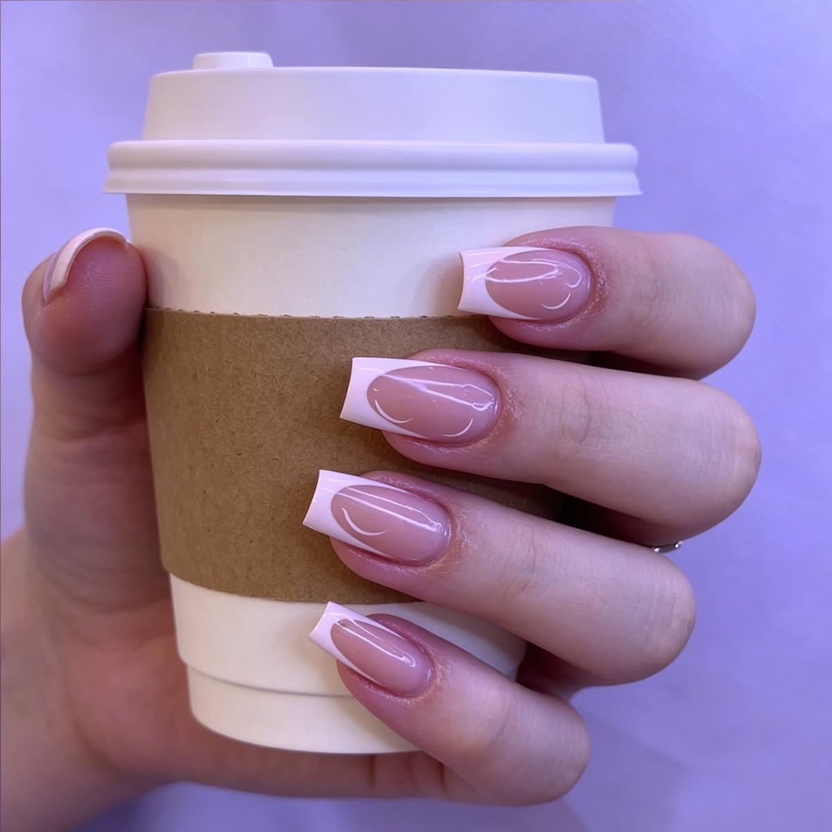 White French Tips Press on Nails Short Square Pink False Nails Summer Glossy …