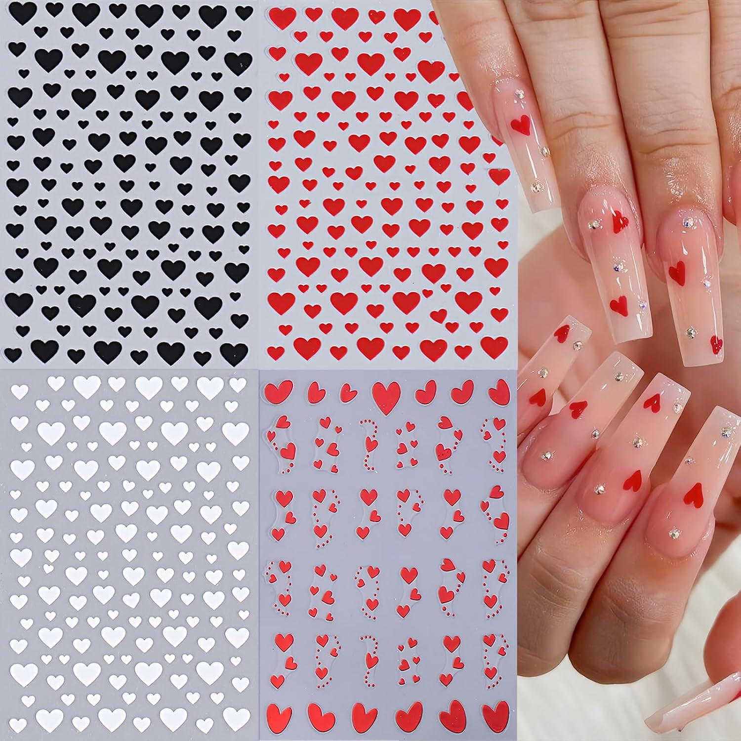 8Sheets Heart Nail Stickers Red Love Nail Decals 3D Self-Adhesive Valentine’S Da
