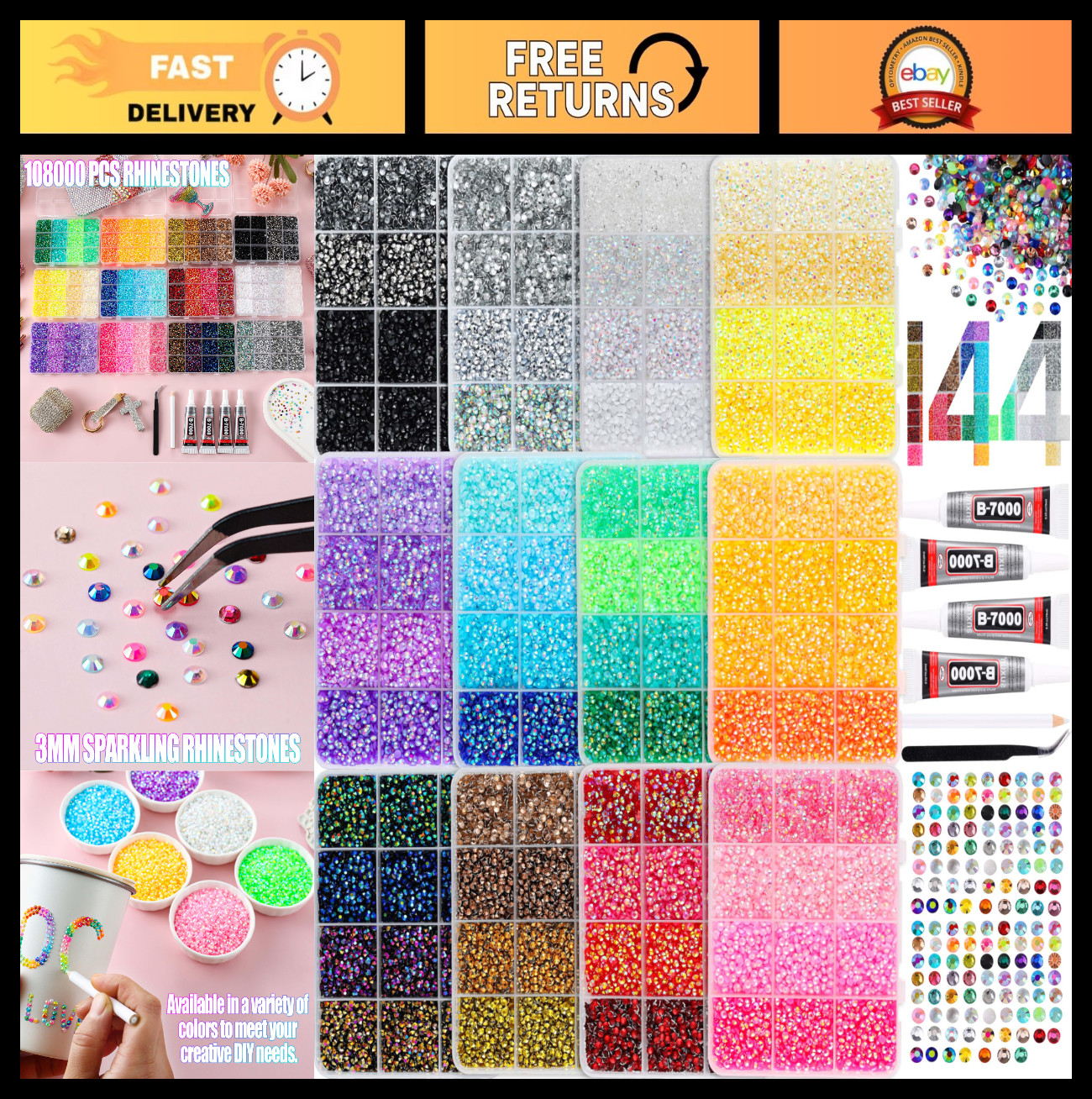 108,000 Pcs Rhinestone Bedazzling Kit – 12 Color Flatback Gems & Jewelry Glue fo