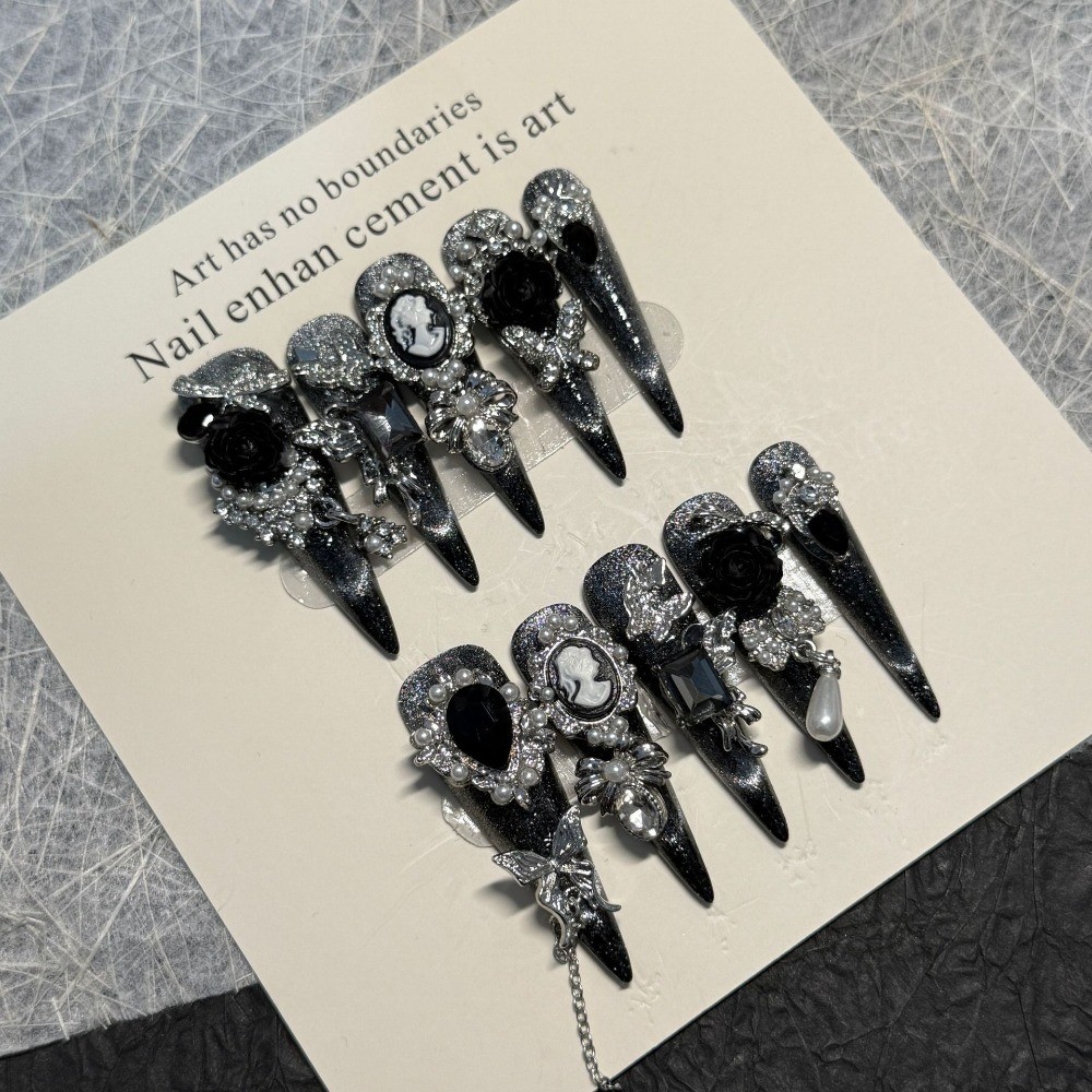 10Pcs Black Rose Cat Eye Nails Gothic Style Wedding Dinner False Nails