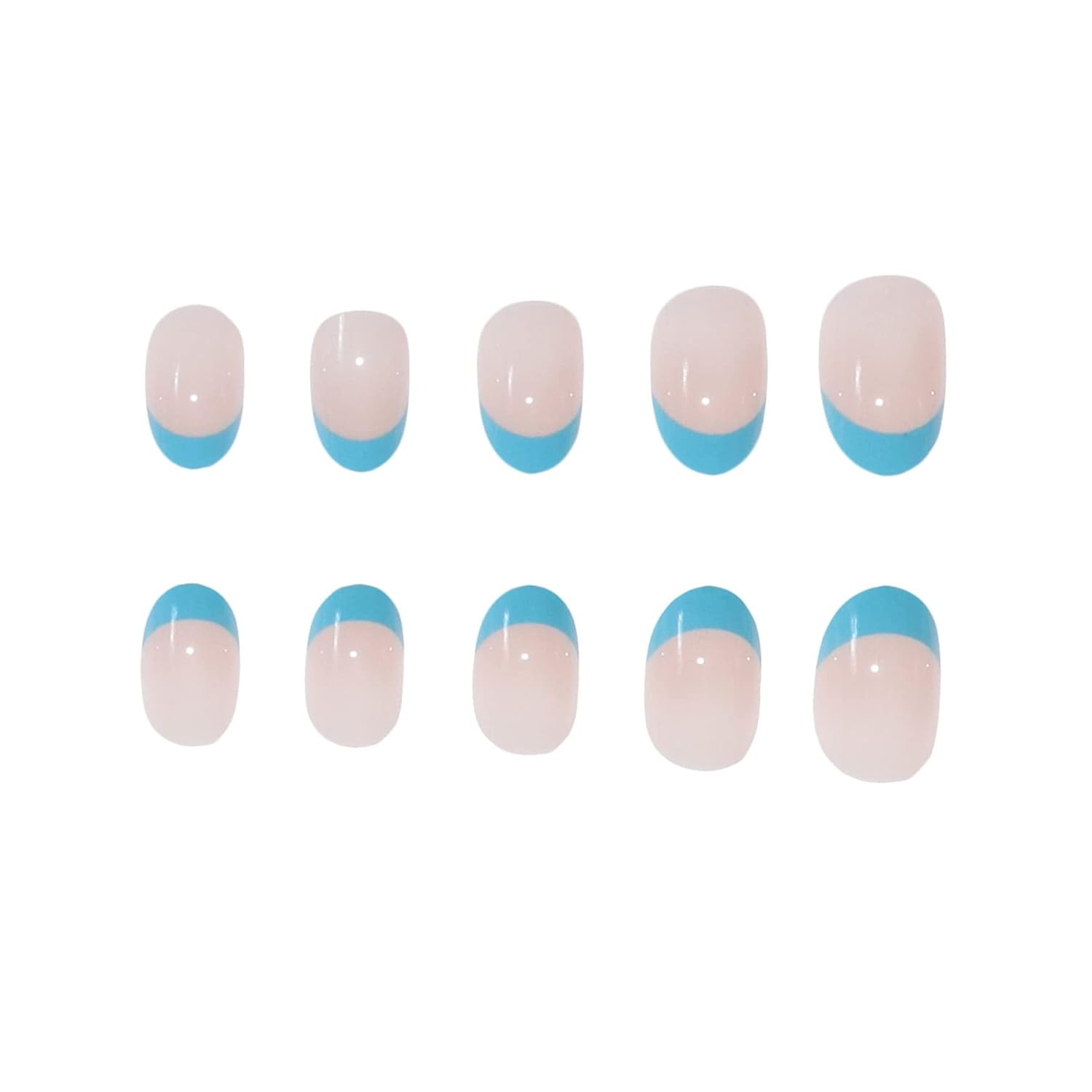 Oval Press on Nails Short Fake Nail Blue French Tip round Acrylic 0236A Blue