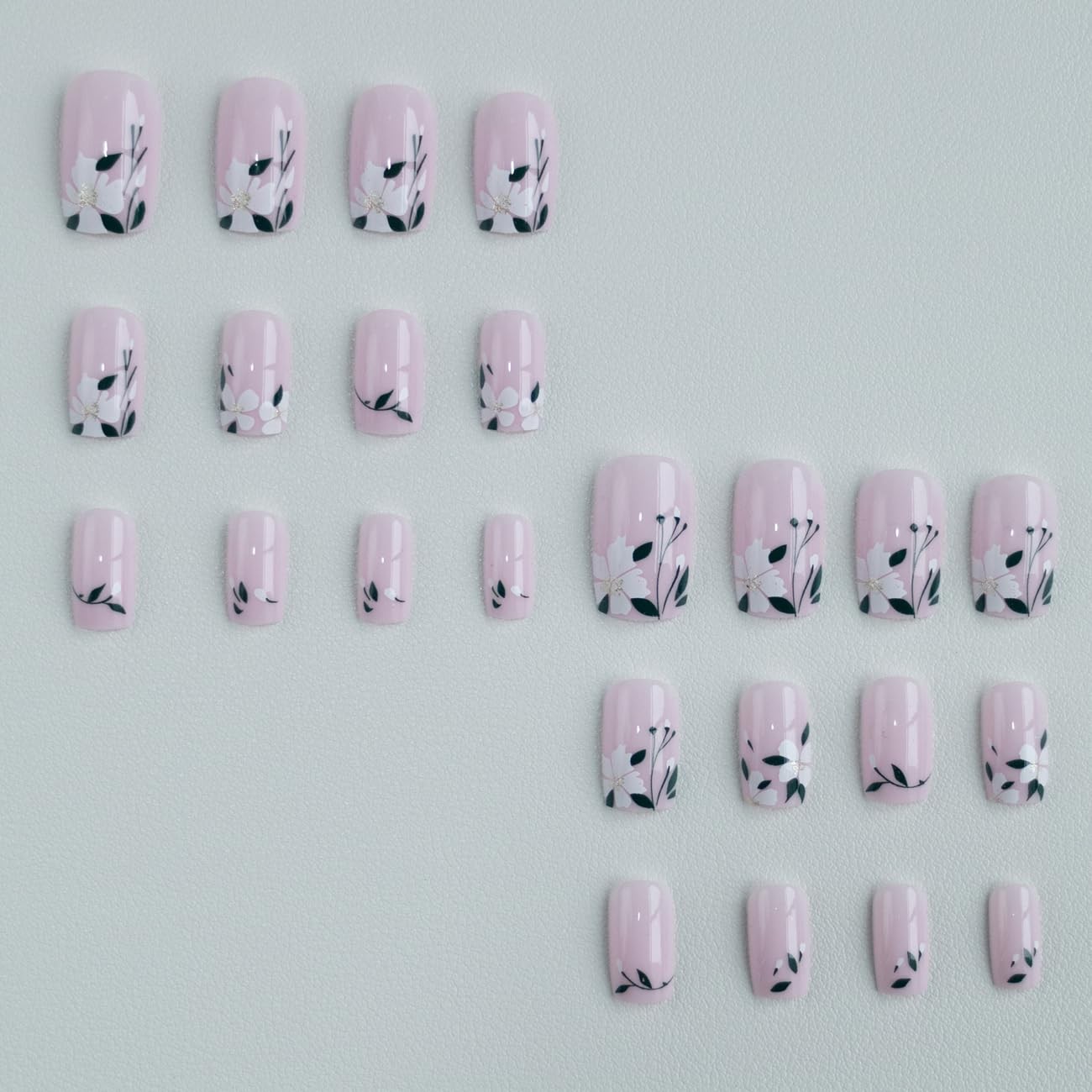 Light Pink Press on Nails Square Medium Fake Nails,French Tip Glossy Flower F…