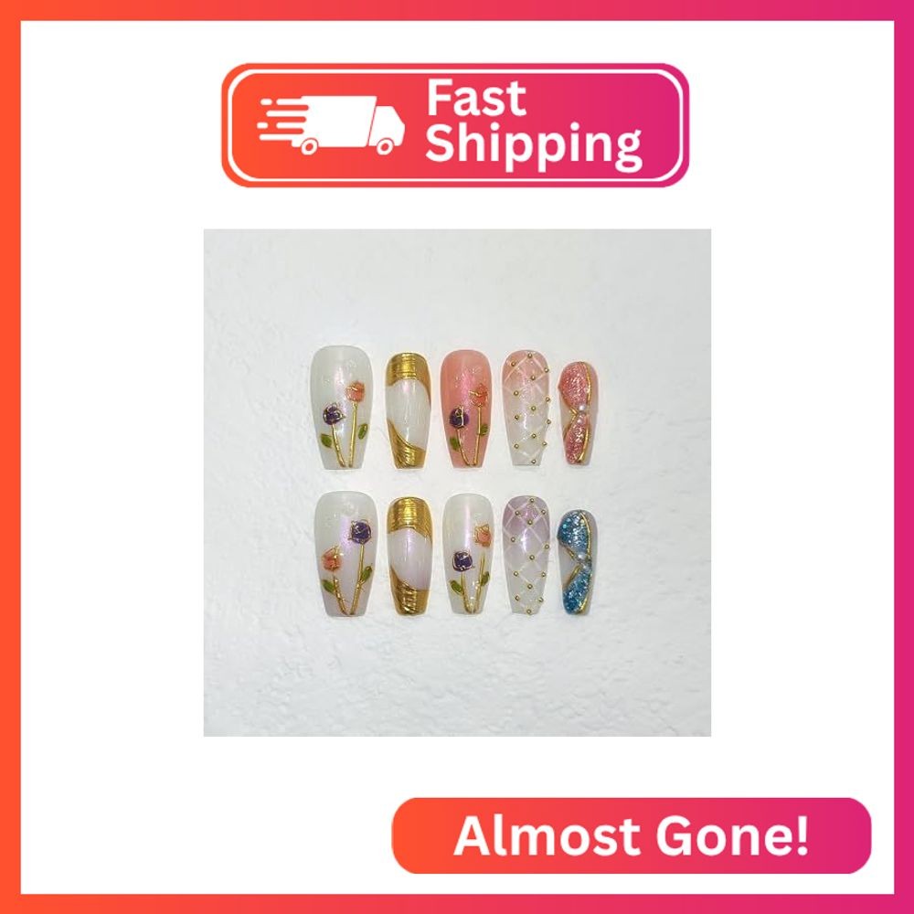 TENPAL 10Pcs Handmade Press on Nails Medium with Kit,Hand-Painted Tulip 3D Champ