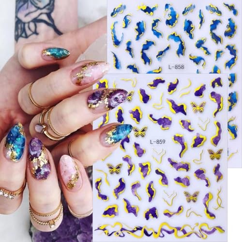 6Pcs Marble Nail Art Stickers 3D Geometric Wave Line Nail Summer Stickers-14