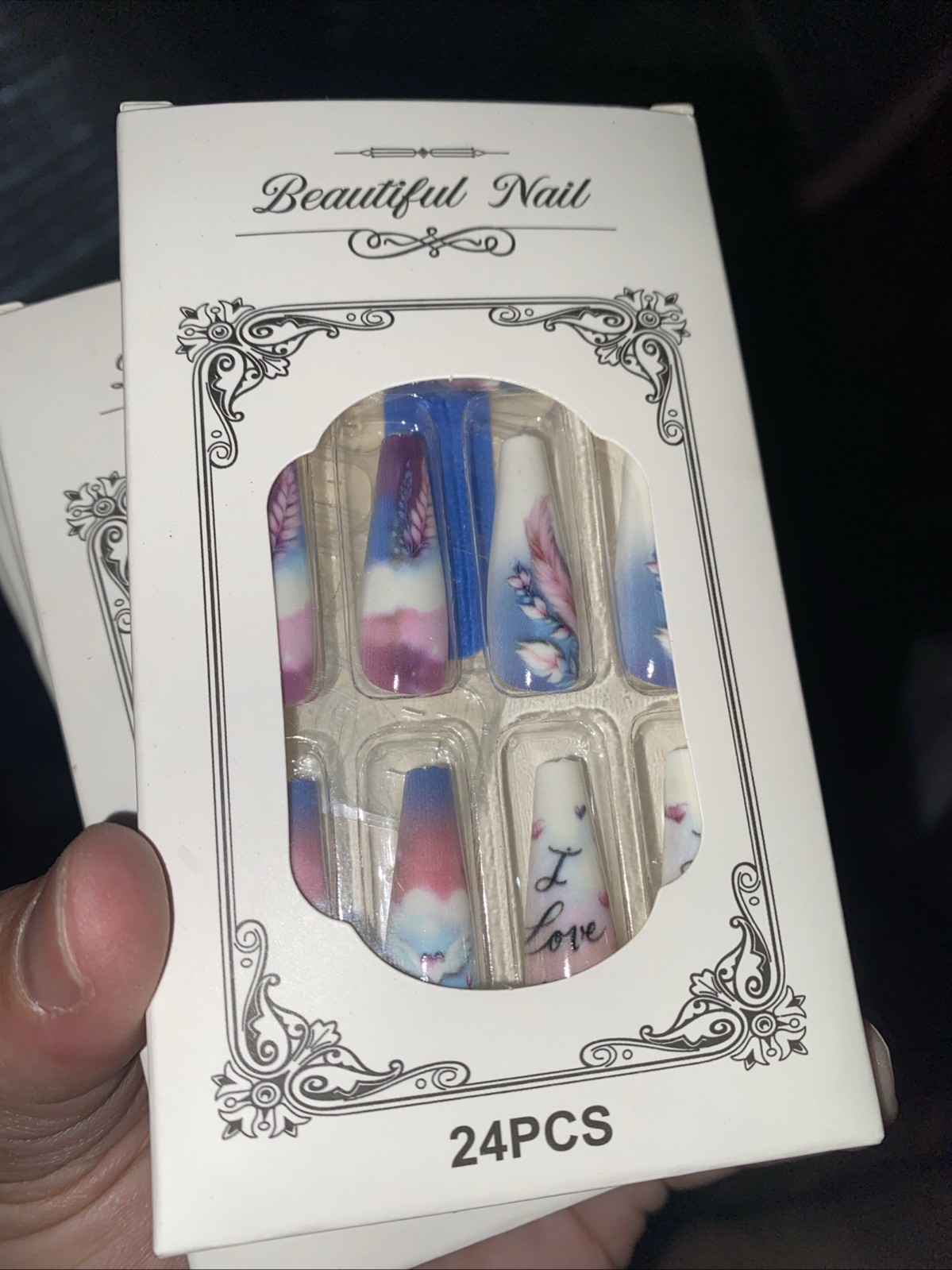 24pcs Romantic Love Clouds Long Coffin Press On Nails Boxed With Glue & Tabs