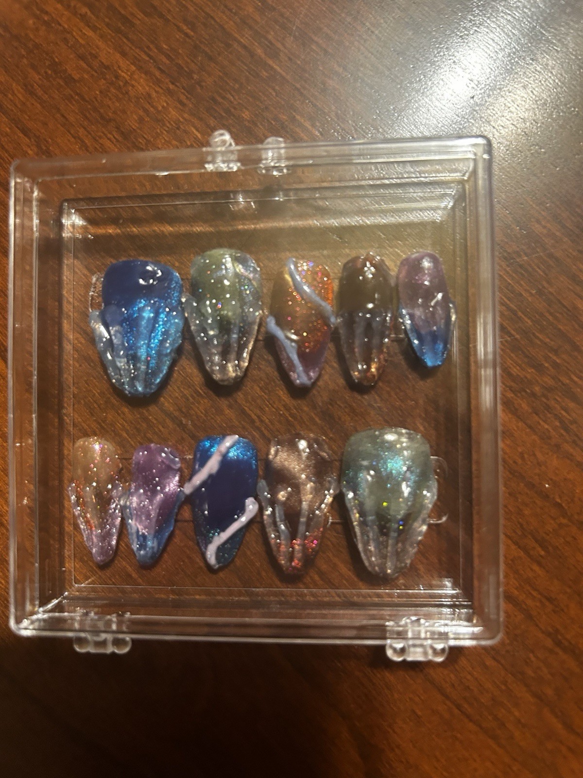 Galaxy Glitter Multicolor almond Full Cover Press-On Nails Set Pre-Designed