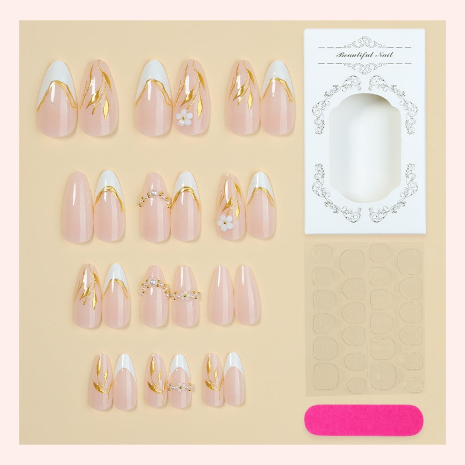 Almond Press on Nails White French Tip Fake Nails Gold Leaf False Nail with 3…