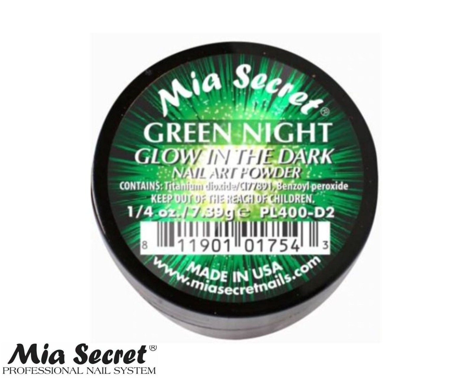 MIA SECRET Nail Art Powder 1/4oz-Green Night (GLOW IN THE DARK COLLECTION)