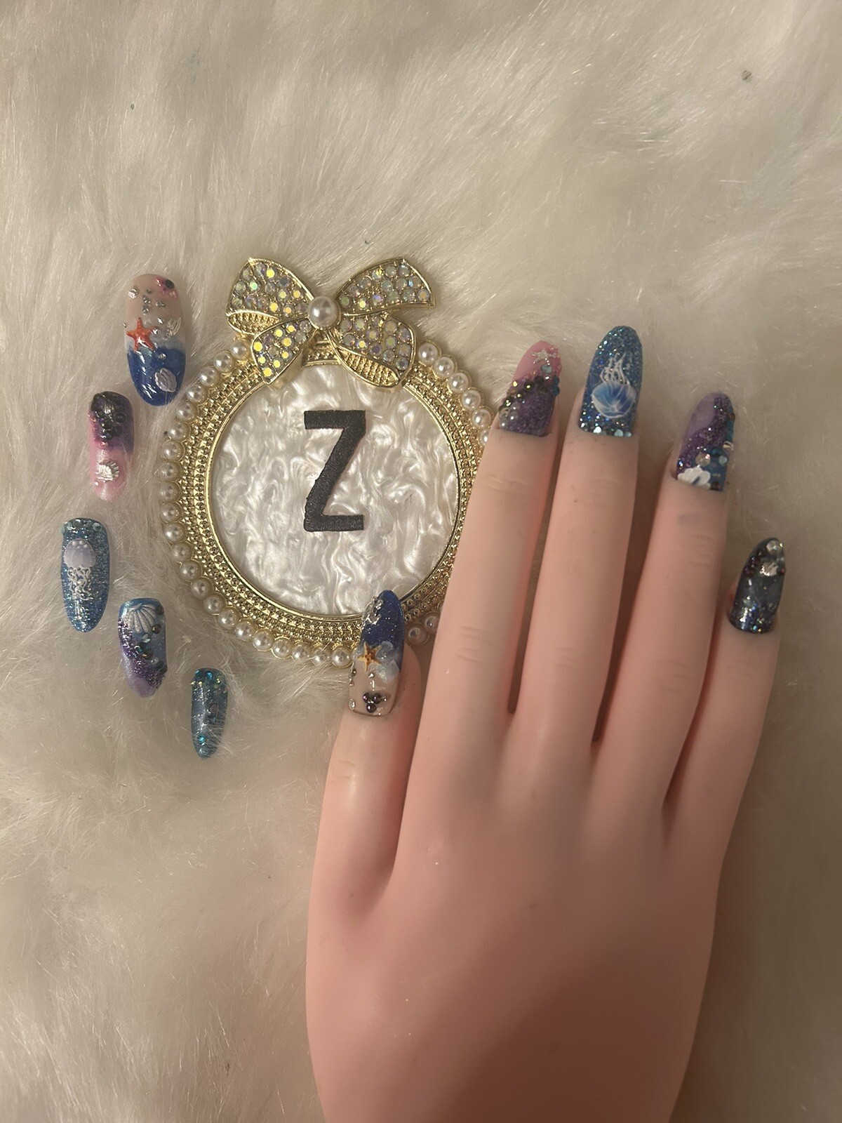 Z NAILZ! Gorgeous Set of Handmade Long Rounded Bling Beach Themed Press On Nails