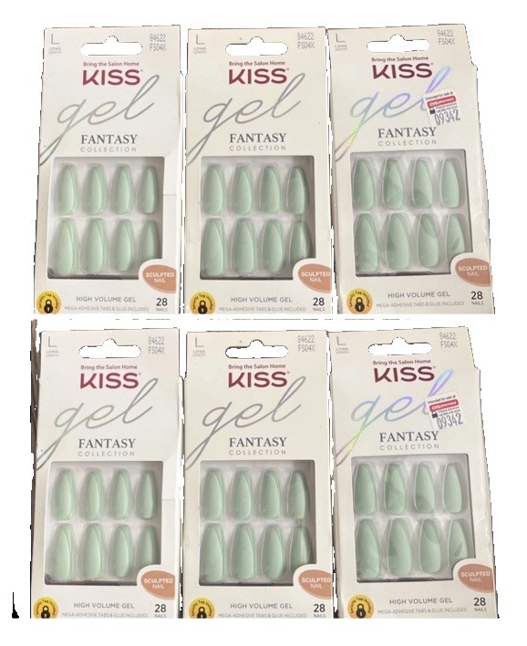 6 Pack Kiss Gel Fantasy High Volume Gel Long Nails, FS04X Sculpted 28 Nails Each