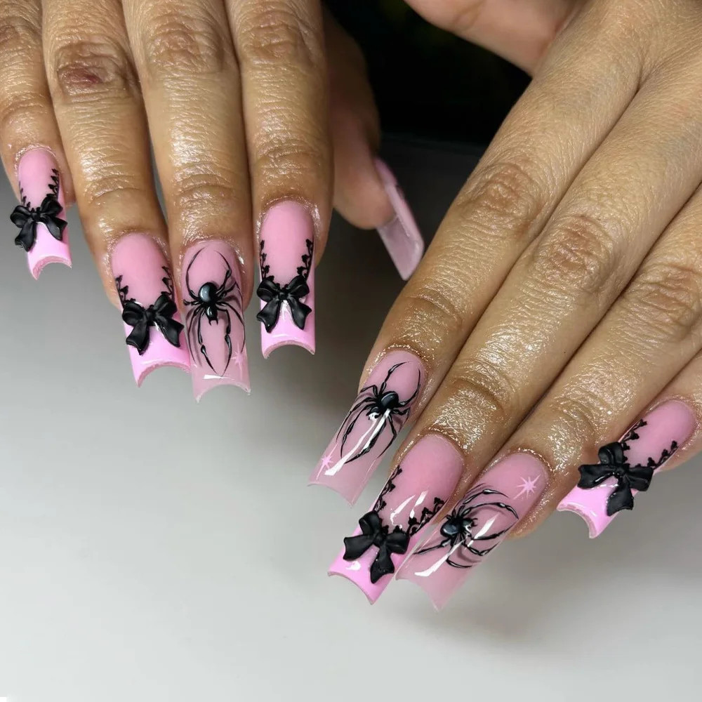 24pcs 2026 Halloween Scary Skull Love Print Press On Nails Glitter Pink Sequins