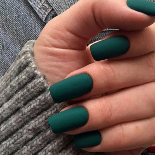 Matte Dark Green Press On Nails Medium Long Square, Medium mat dark green