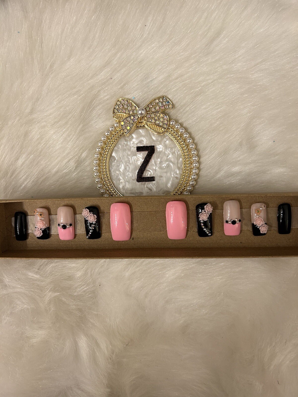 Z NAILZ! Gorgeous Set Of Black/Pink/Beige Handmade Long Square Press On Nails