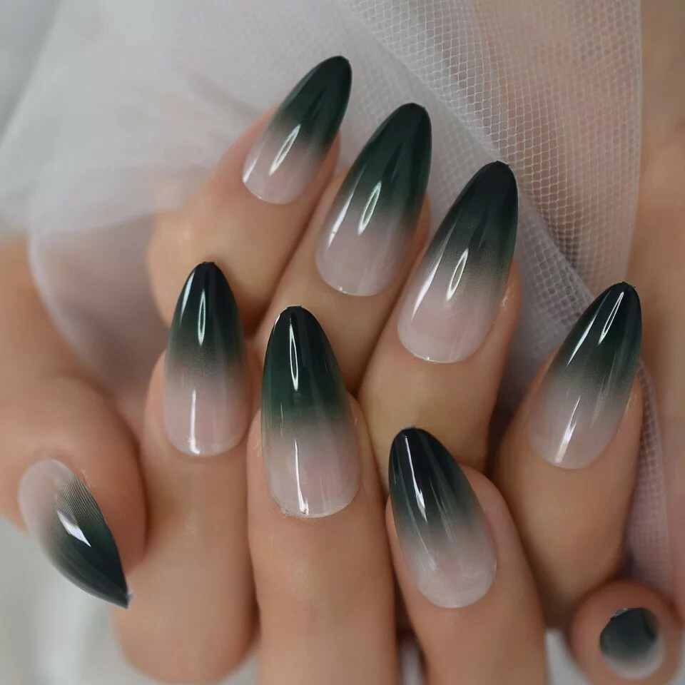 24 Ombre Green Press On Nails w/ Glue Nude Dark pointed almond stiletto goth