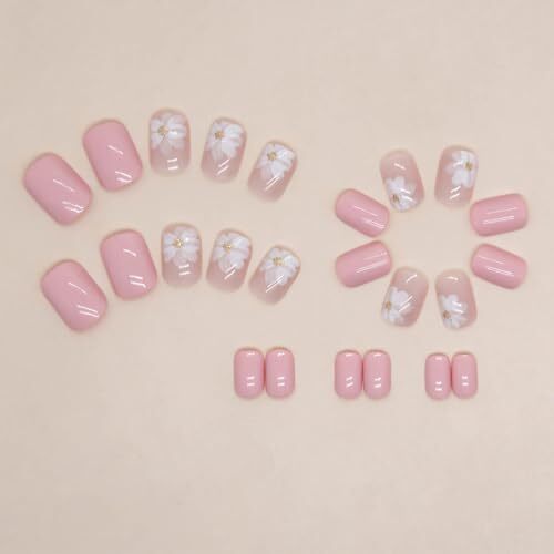 Pink Press on Nails Short Nail Press on Nails for Girls Cute 231110 white&pink