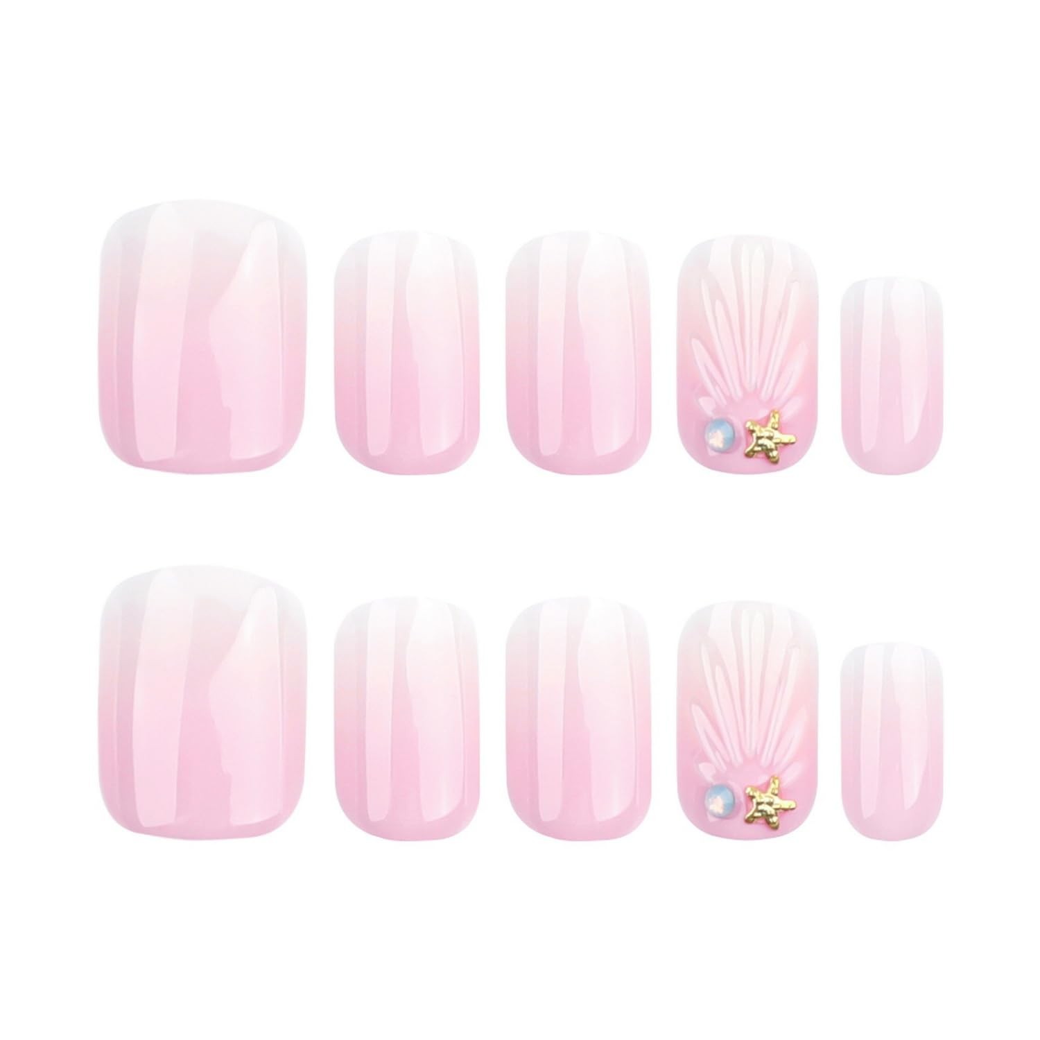 Pink White Gradient Press on Nails Short Square Fake Nails Summer Shell Patte…