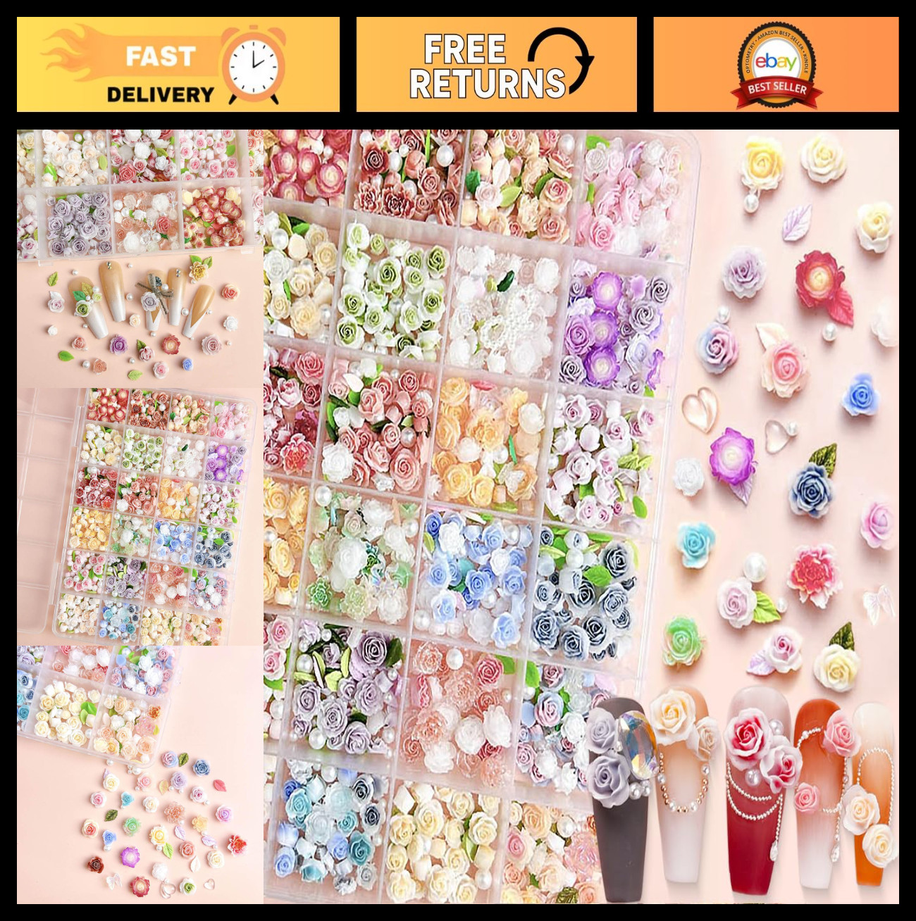 Colorful Flower Nail Charms Set – 24 Mixed Floral Designs with Pearl Leaves & Re