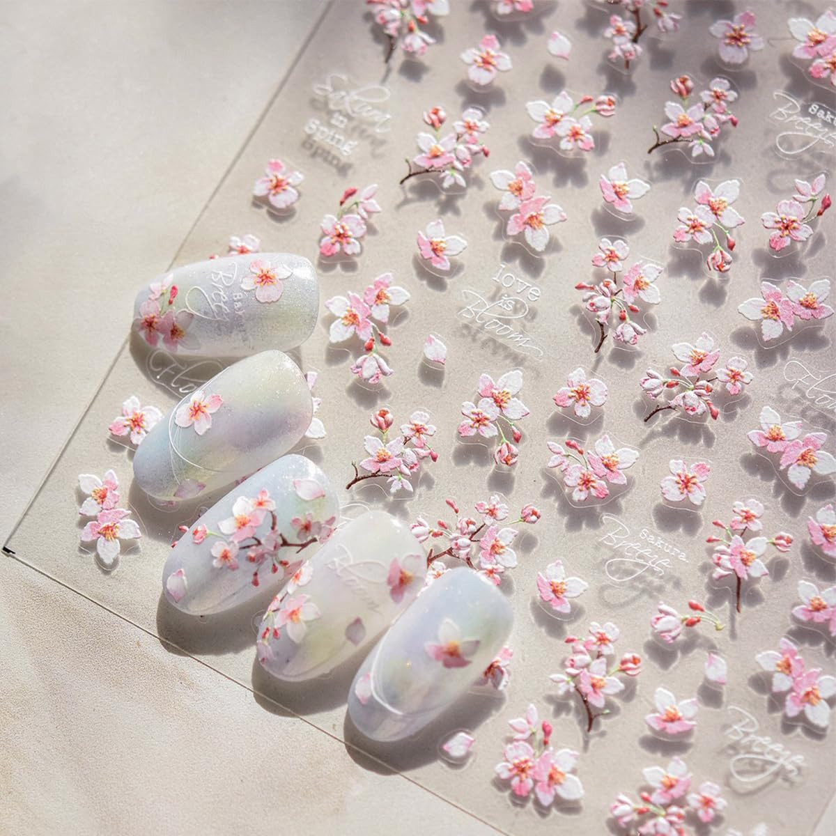 1Pcs Spring Nail Stickers Pink Cherry Blossoms Nail Decals 3D Self Adhesive Flow