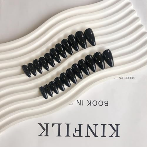 All Black Press on Nails Medium Almond Stiletto, Pure Color Glossy Black