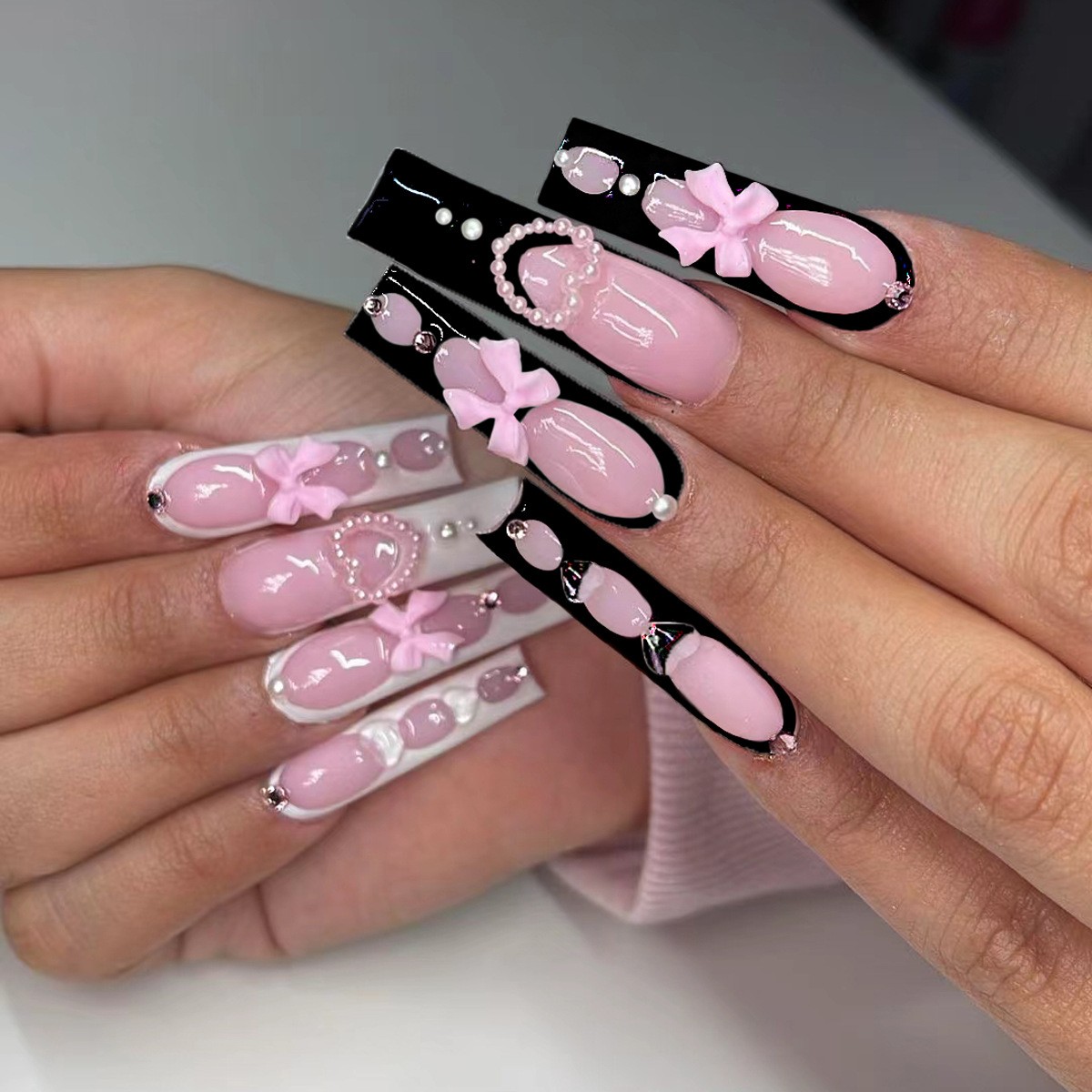 48 Pieces of Black and White French Dot Diamond Bow Pearl Heart Fake Nail Art