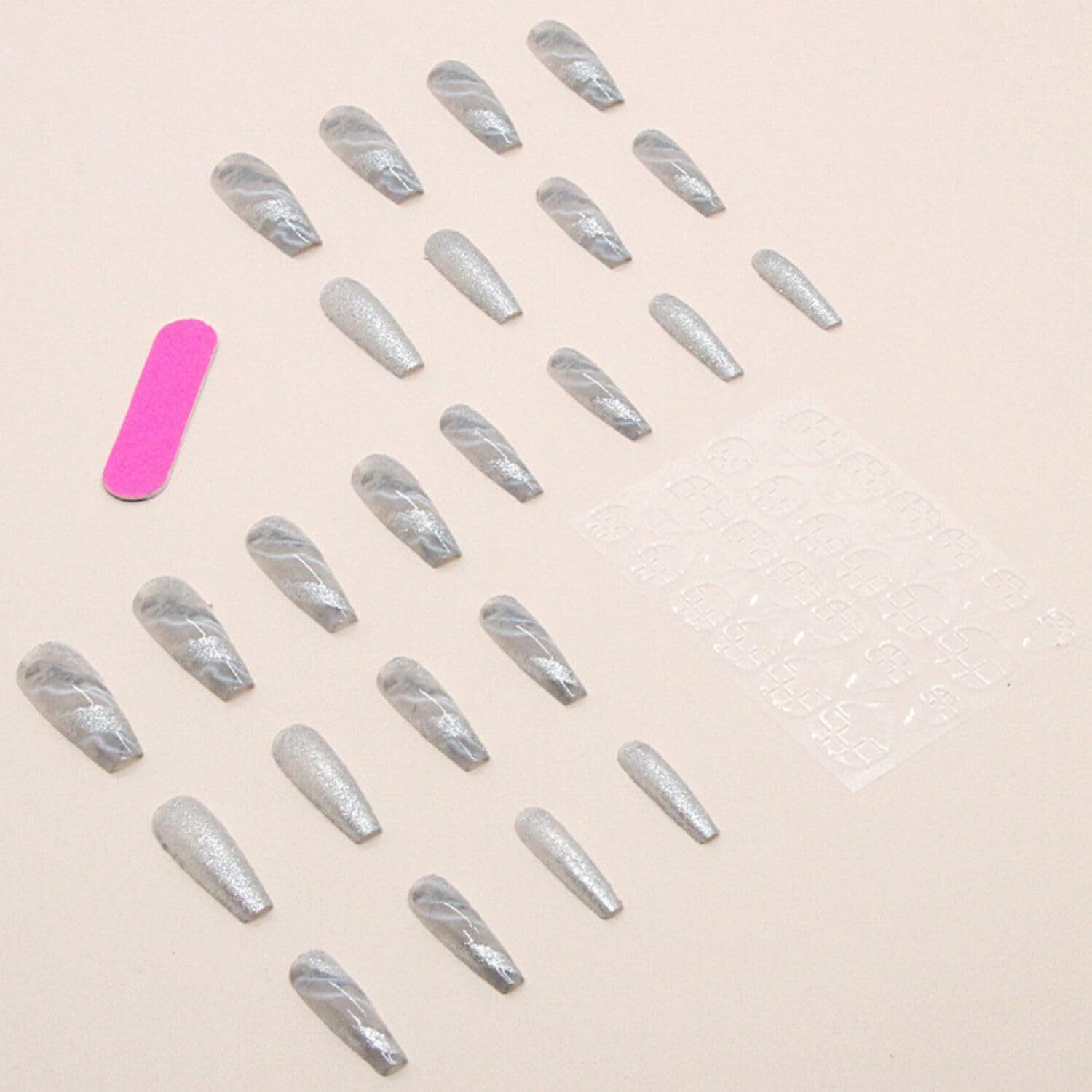 Glitter Coffin Press-On Nails Silvery Marble Gradient Full Cover Artificial Nail