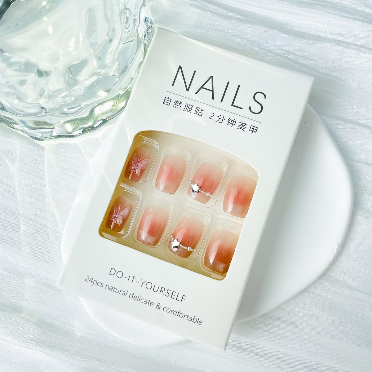 Butterfly Square Fake Nails Medium Length French Tip Press Nails Glitter Full…