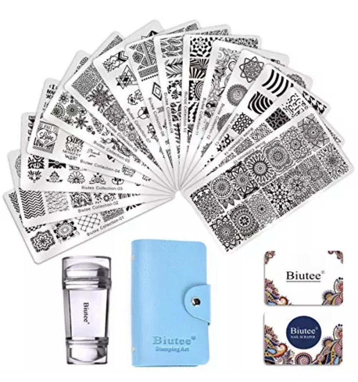 Biutee 19pcs Nail Stamp Plates set 15 plate 1Stamper 2Scraper 1storage bag Nails
