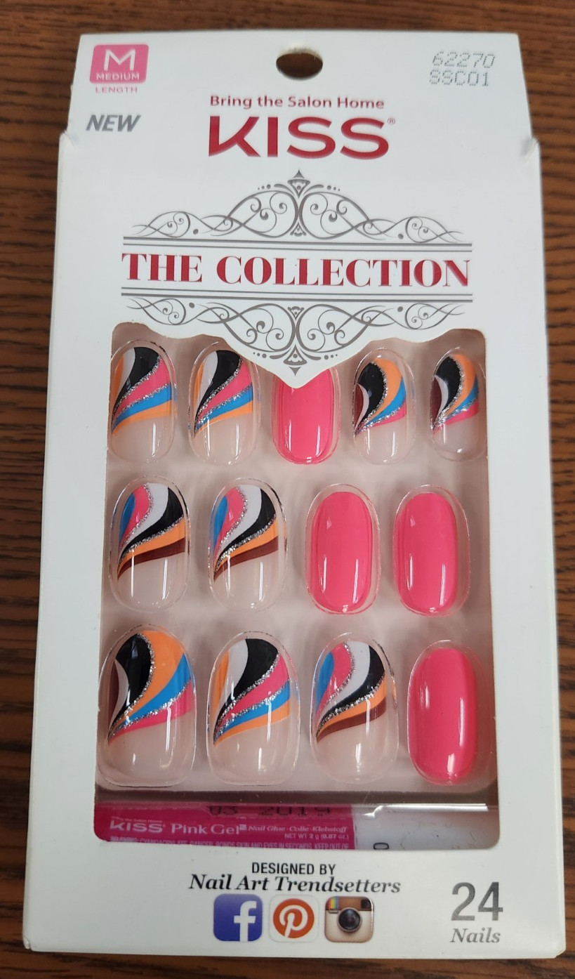 2PC NIP KISS THE COLLECTION OVAL MEDIUM LENGTH GLOSSY SWIRL MULTI 24 NAILS EACH
